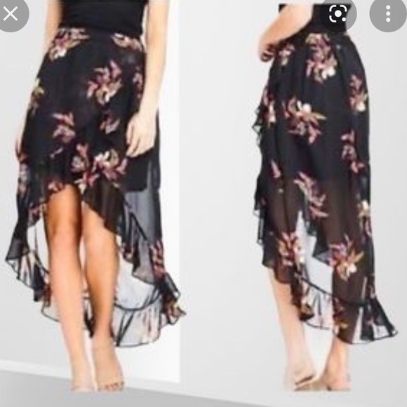 GAP 🌸black with pink flowers floral High Low ruffle trim asymmetrical skirt - Picture 10 of 10
